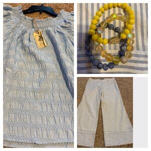 Spring Outfit Bundle | Smocked Top + Striped Wide Leg Pants + Bracelet Stack